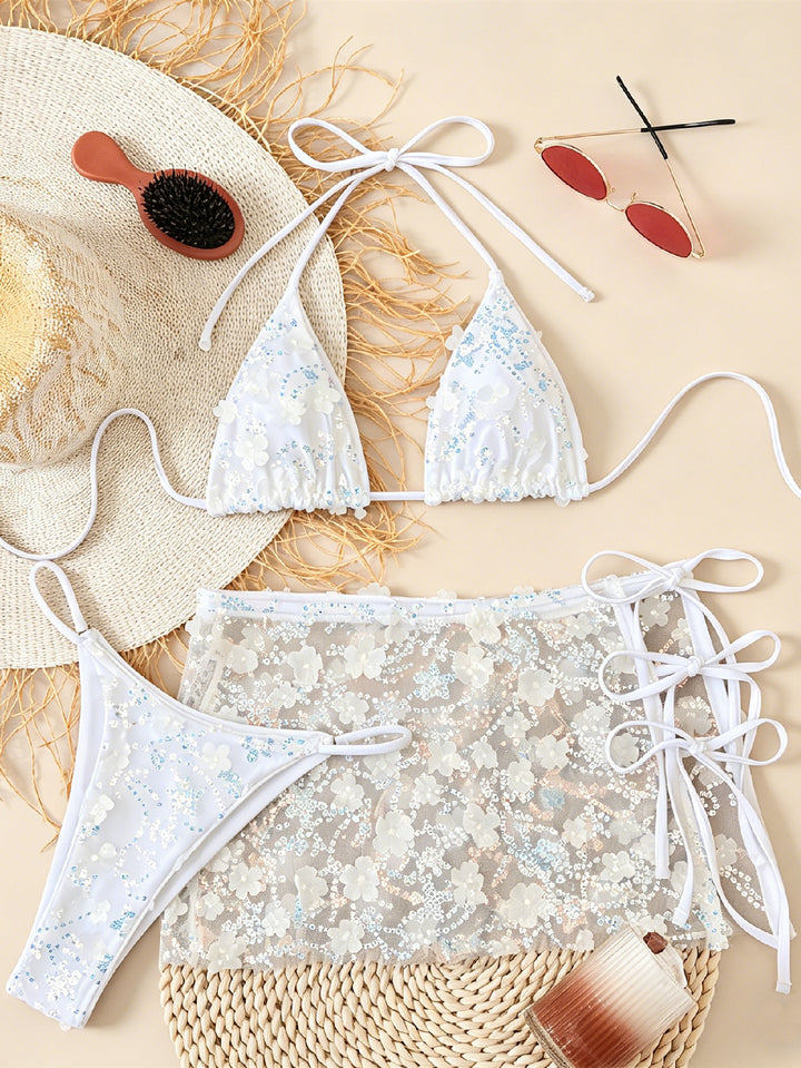 Damen Blumenmuster Triangel-Bikini mit transparentem Überrock Drune