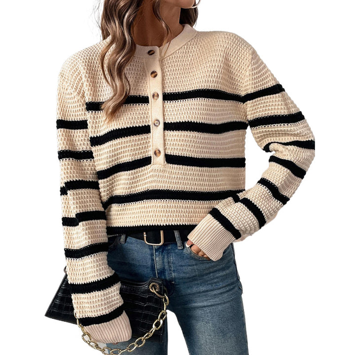 Damen lässiger Strickpullover mit Knopfleiste und gestreiftem Design Drune