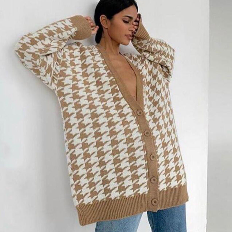 Damen Strickjacke mit modischem Karomuster und tiefem V-Ausschnitt Drune
