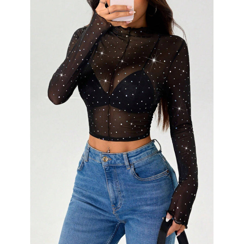 Damen Sexy Crop-Top aus transparentem Netz mit funkelnden Akzenten Drune