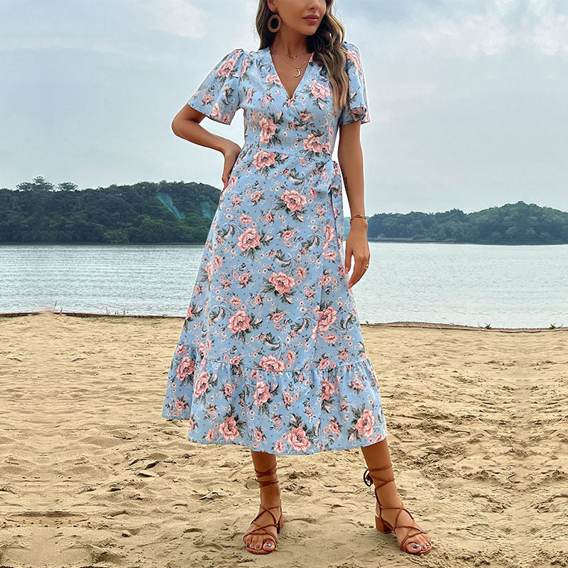 Damen romantisches Maxikleid mit floralem Design und Rüschensaum Drune