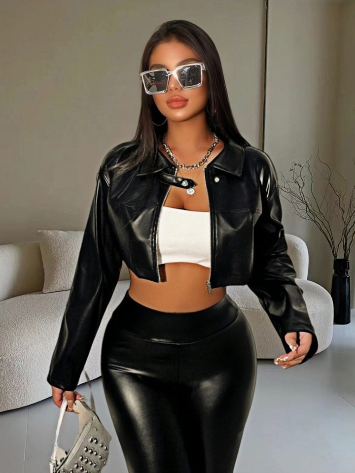 Damen cropped Kunstlederjacke mit innovativem Reißverschluss Drune