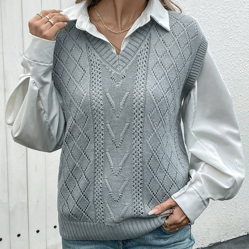 Damen Strickpullover mit V-Ausschnitt und dekorativem Zopfmuster Drune