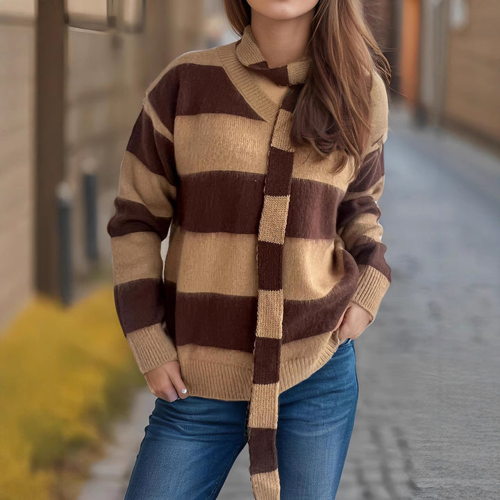 Damen lässiger Strickpullover mit modernem Streifenmuster und dekorativem Schal Drune