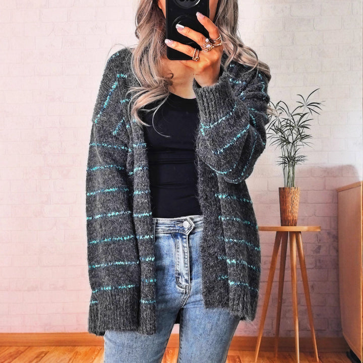 Damen kuschelige Strickjacke mit kontrastierenden Streifen Drune
