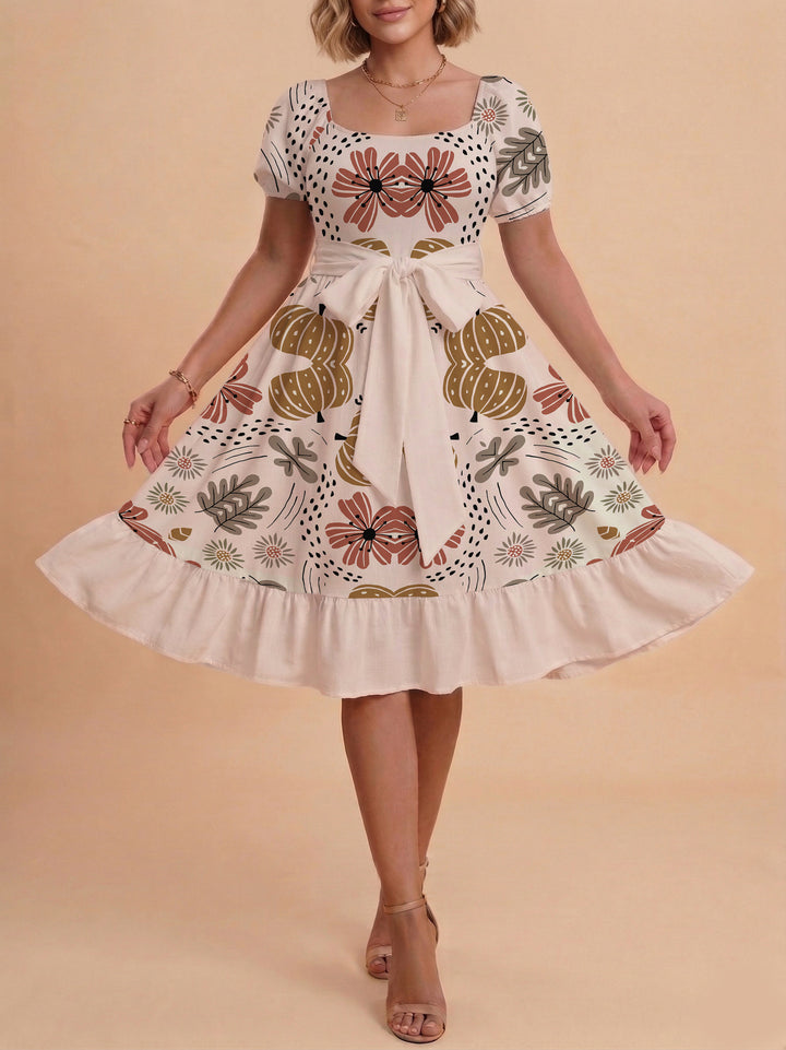 Damen Sommerkleid mit floralem Puffärmel und taillierbarem Gürtel Drune