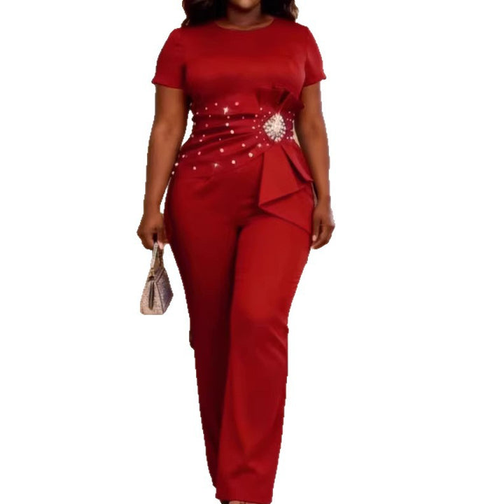 Damen eleganter Jumpsuit mit dekorativem Rüschen-Detail und Perlenakzenten Drune