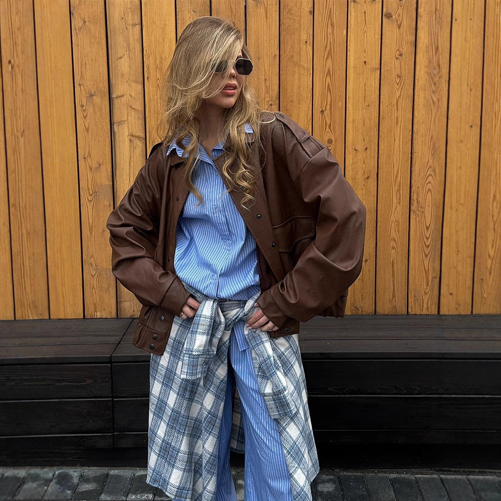 Damen Oversized Kunstlederjacke mit modischem Schnitt und eleganten Details Drune