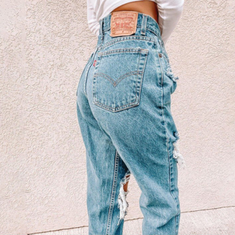 Damen Vintage High-Waist Destroyed Jeans mit fransigen Details Drune