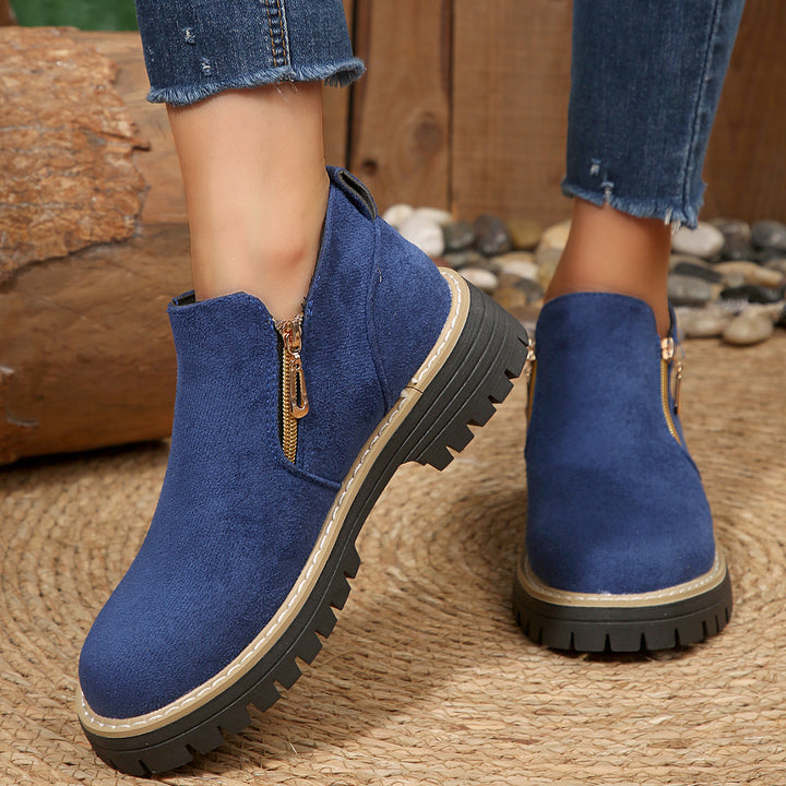 Damen nan knöchelhohe Stiefelette mit dekorativem Reißverschluss gepolstertem Schaft und robuster Profilsohle Drune