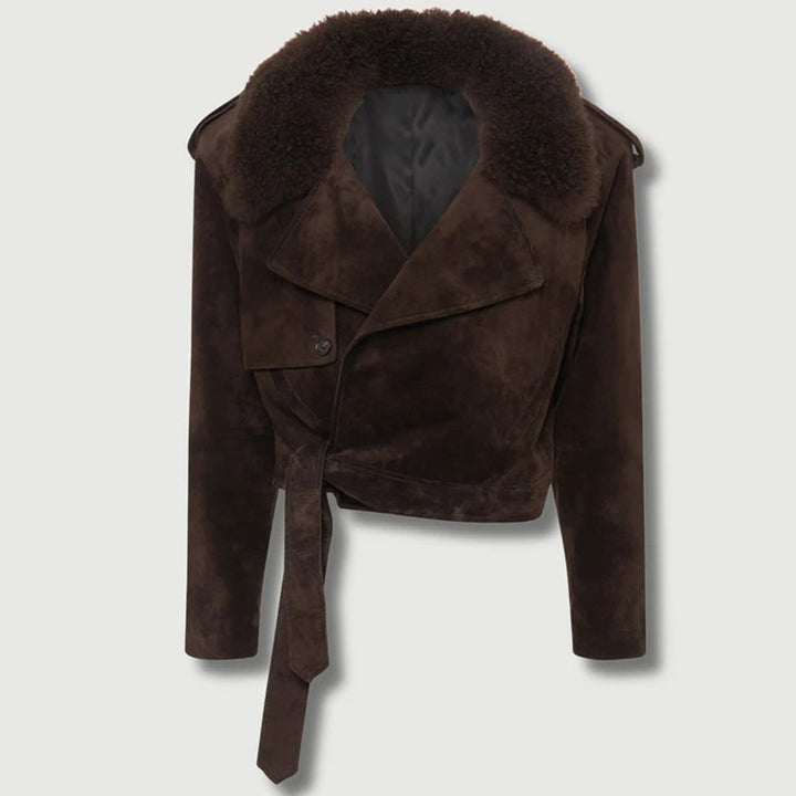 Damen Modische Bikerjacke aus robustem Wildleder mit abnehmbarem Fellkragen Drune