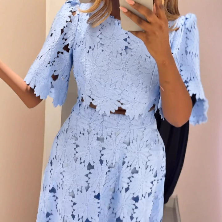 Damen nan zweiteiliges Guipurespitzen-Set mit kurz geschnittener Bluse und ausgestelltem Midirock Drune