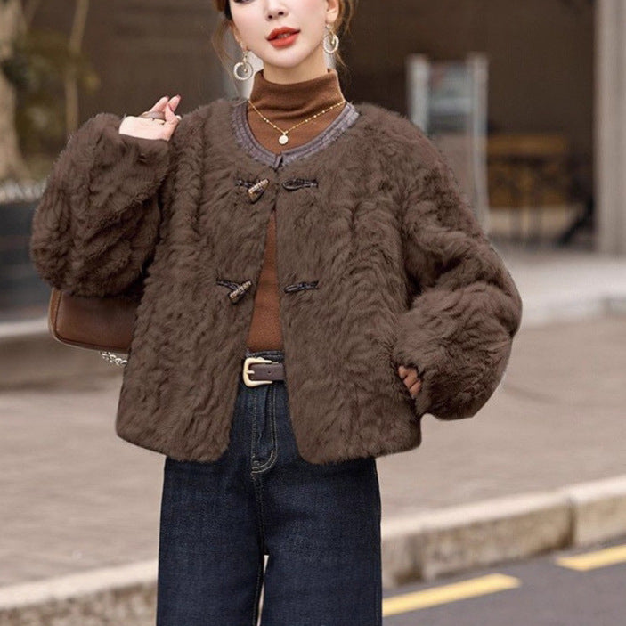 Damen kuschelige Fleecejacke mit modischen Knopfdetails Drune