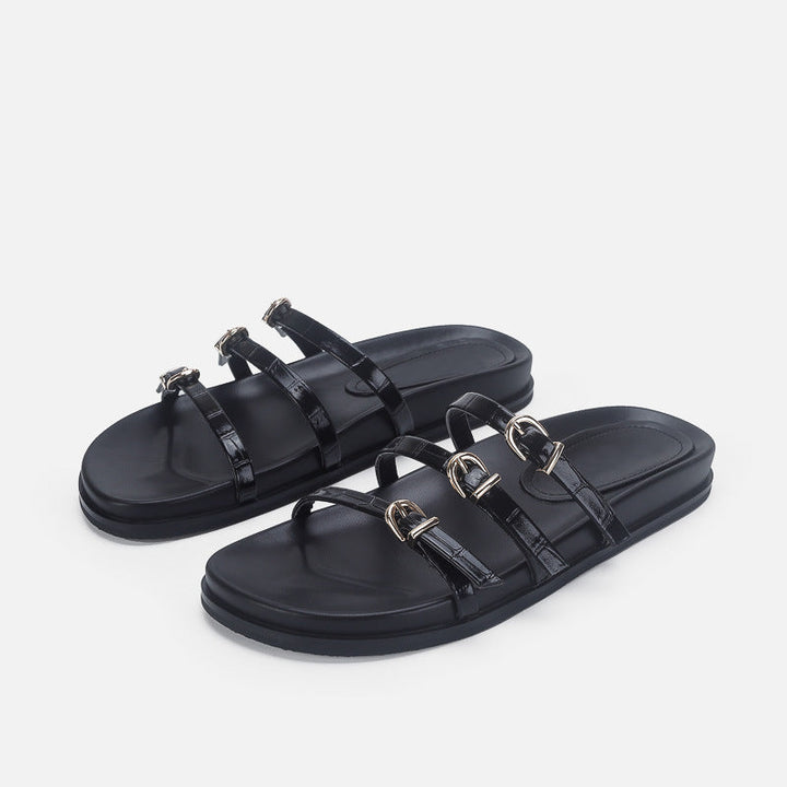 Damen Designer Zehentrenner-Sandalen mit dekorativem Riemendesign und komfortablem Fußbett Drune