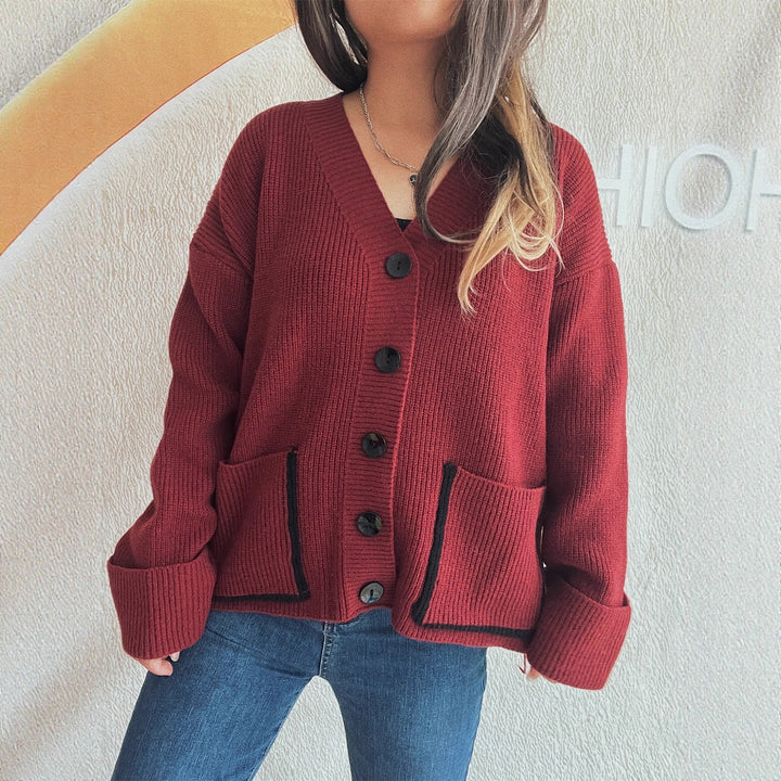 Damen weicher Strickcardigan mit tiefem V-Ausschnitt und großen Taschen Drune