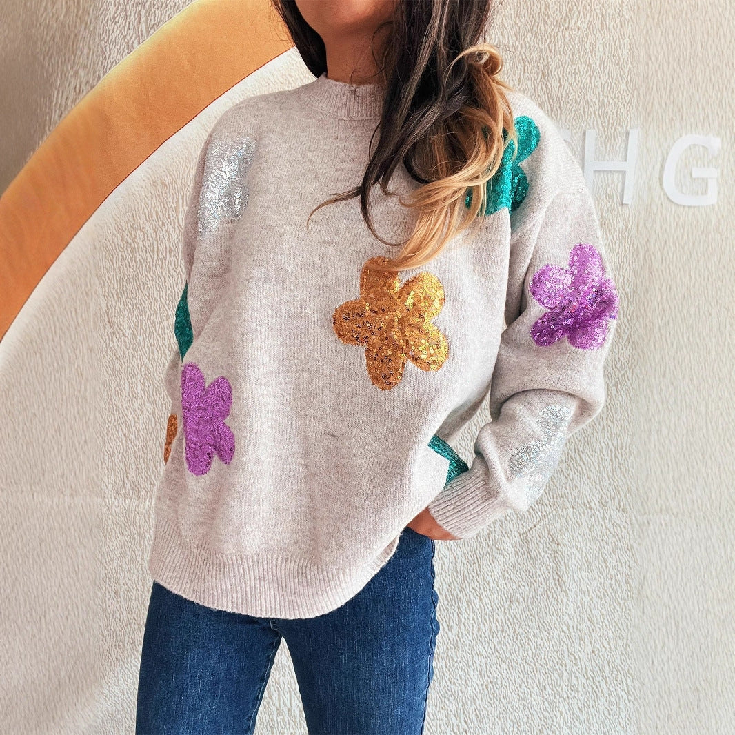 Damen Strickpullover mit bunten Funkelblumen Drune