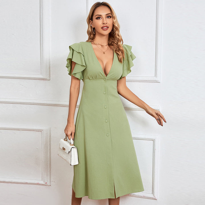 Damen Midikleid mit voluminösen Rüschendetails und tiefem V-Ausschnitt Drune