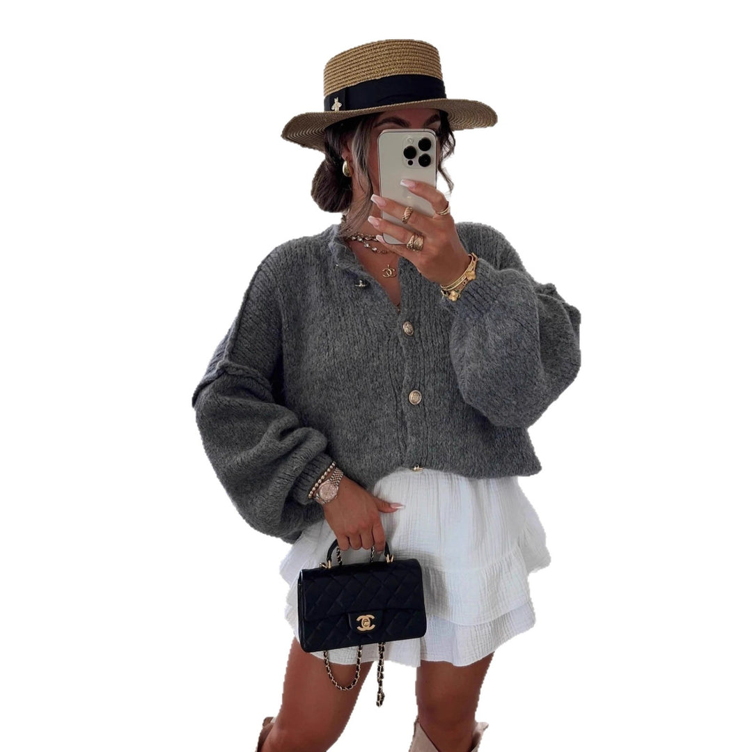 Damen modische Strickjacke mit Overzised-Ärmeln und Knopfdetails Drune