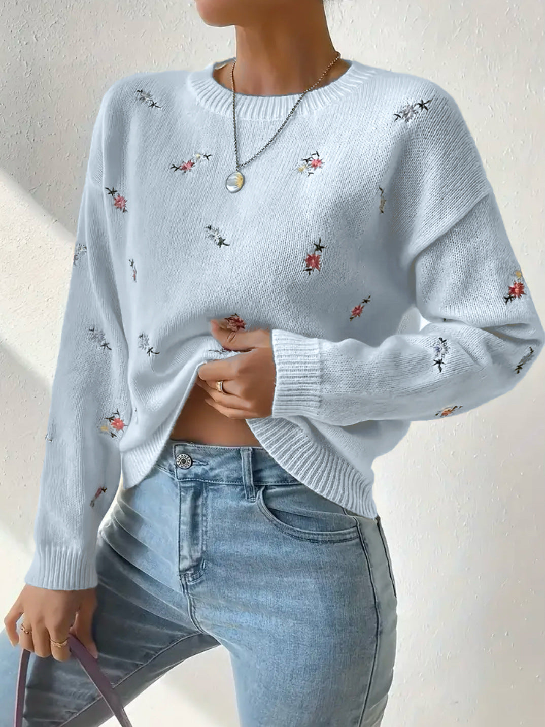 Damen festlicher Pulli mit floralen Stickereien und lässigem Schnitt Drune