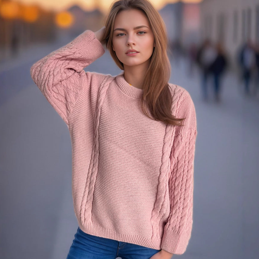 Damen Grobstrickpullover mit Zopf-Design und voluminösen Ärmeln Drune