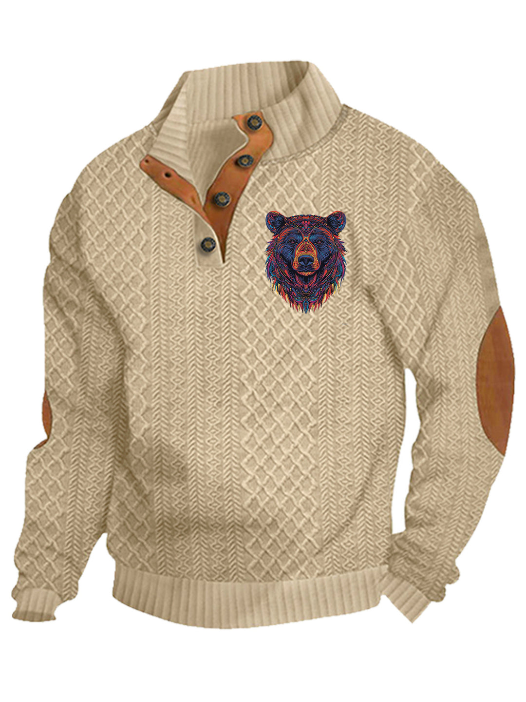 Herren nan Heritage-Strukturpullover mit Stehkragen Lederimitat-Besatz Ellenbogen-Patches und Halbknopfleiste Drune