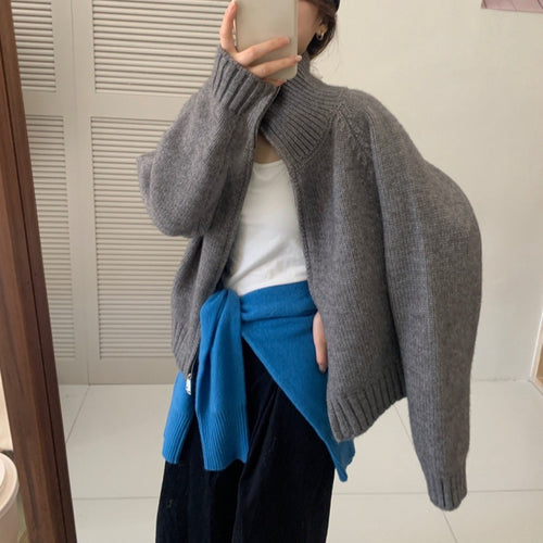 Damen Grobstrickjacke mit hohen Kragen und praktischem Reißverschluss Drune