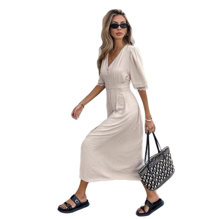 Damen Midi-Kleid mit Knopfdetails und femininen Puffärmeln Drune