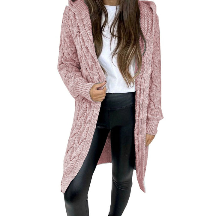 Damen lange Strickjacke mit Kapuze und Zopfdesign Drune