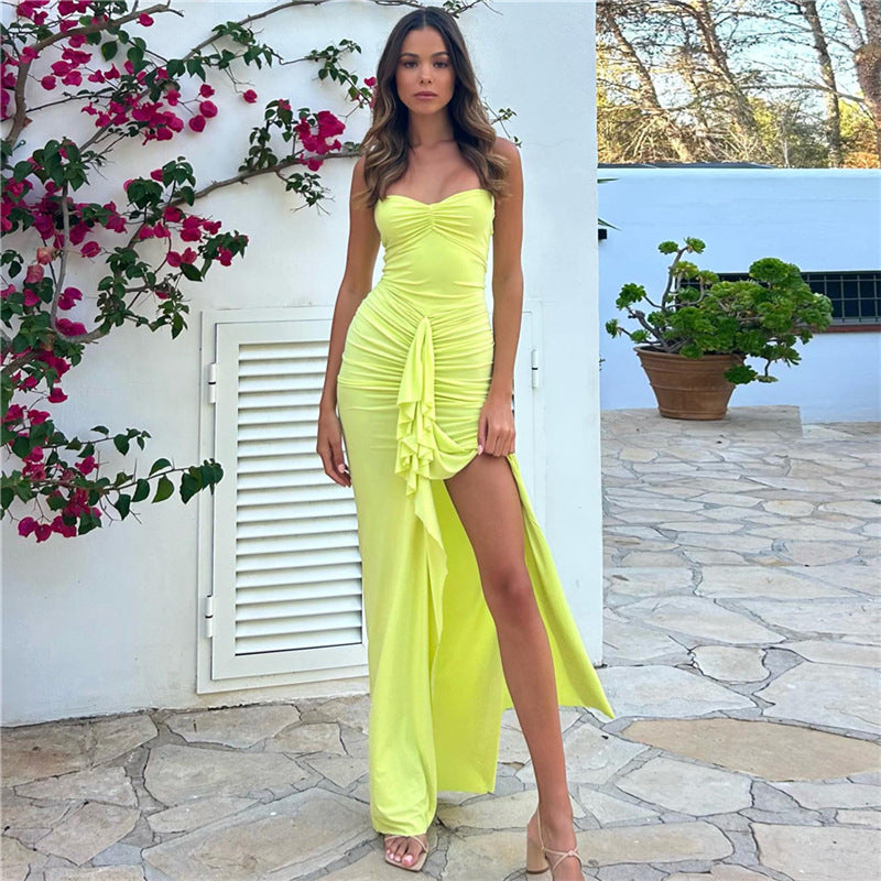 Damen Elegantes Maxikleid mit raffinierten Rüschendetails und Spaghettiträgern Drune