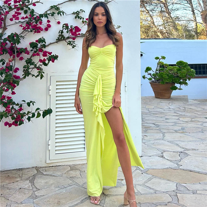 Damen Elegantes Maxikleid mit raffinierten Rüschendetails und Spaghettiträgern Drune