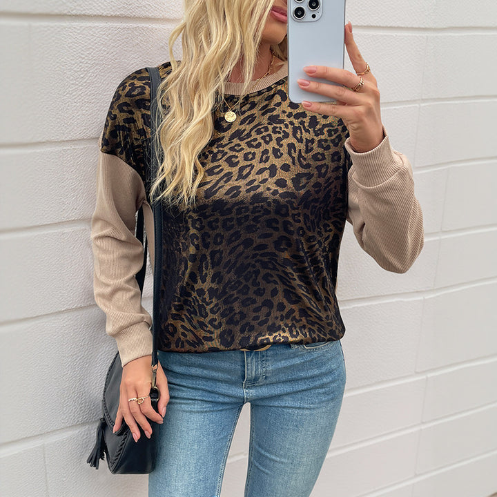 Damen modisches Sweatshirt mit tierischem Leopardenmuster und kontrastierenden Ärmeln Drune