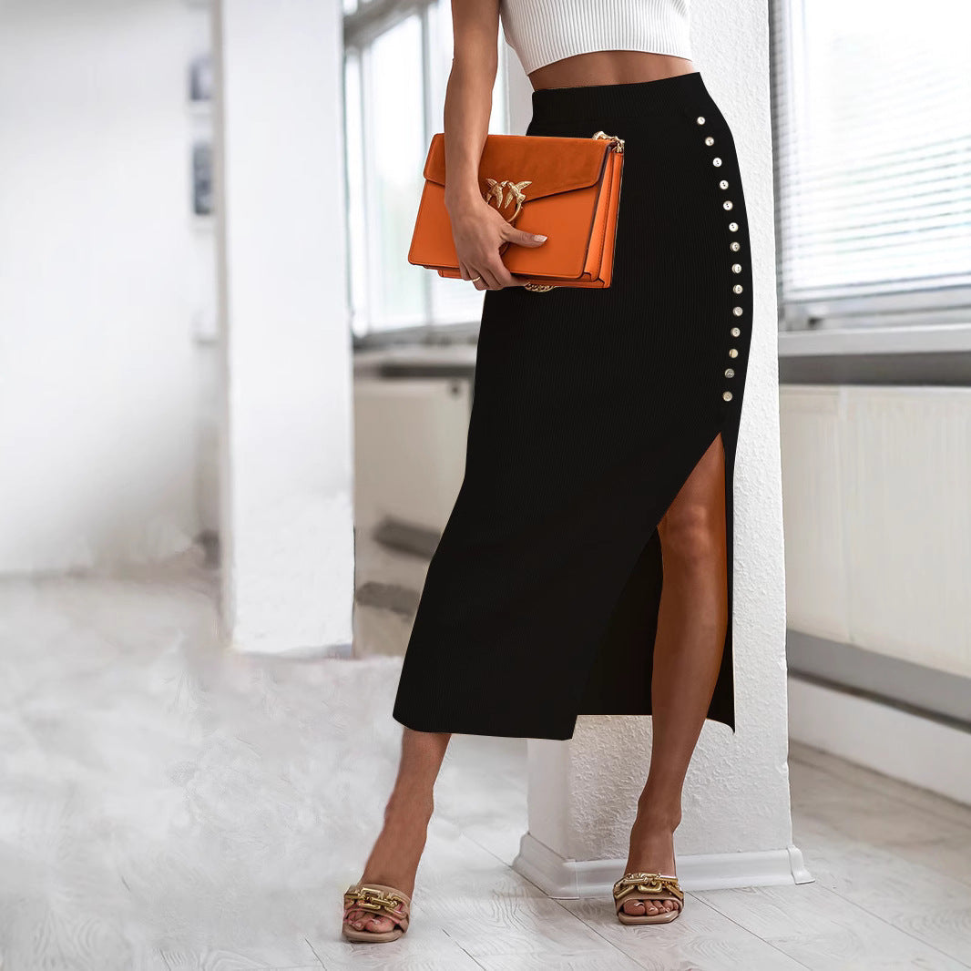 Damen Figurbetonter Strickrock mit Knopfdetail und Schlitz Drune