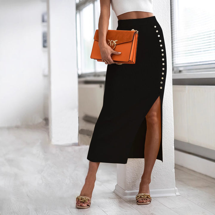 Damen Figurbetonter Strickrock mit Knopfdetail und Schlitz Drune