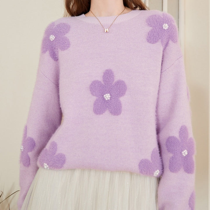 Damen kuscheliger Strickpullover mit Perlenakzenten Drune