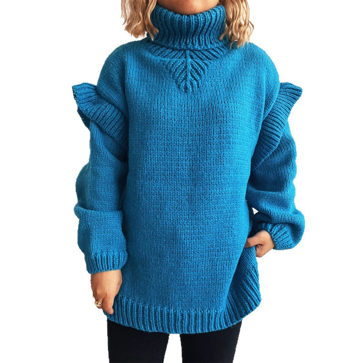 Damen Strickpullover mit Rüschen-Details und hohem Kragen Drune