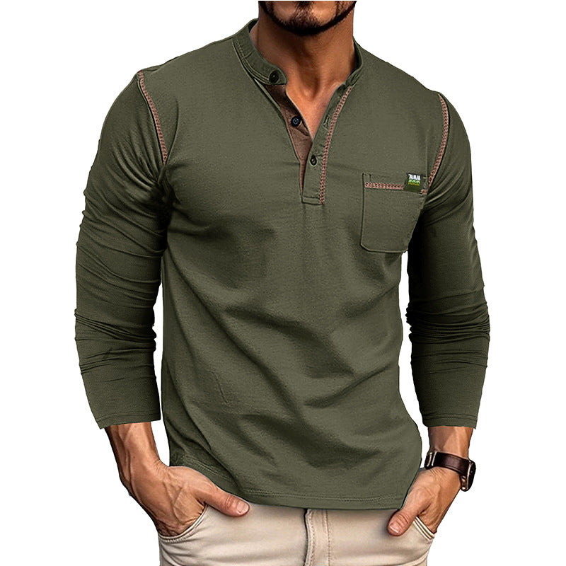 Herren Langarm-T-Shirt mit modernem Kragen und Brusttasche Drune