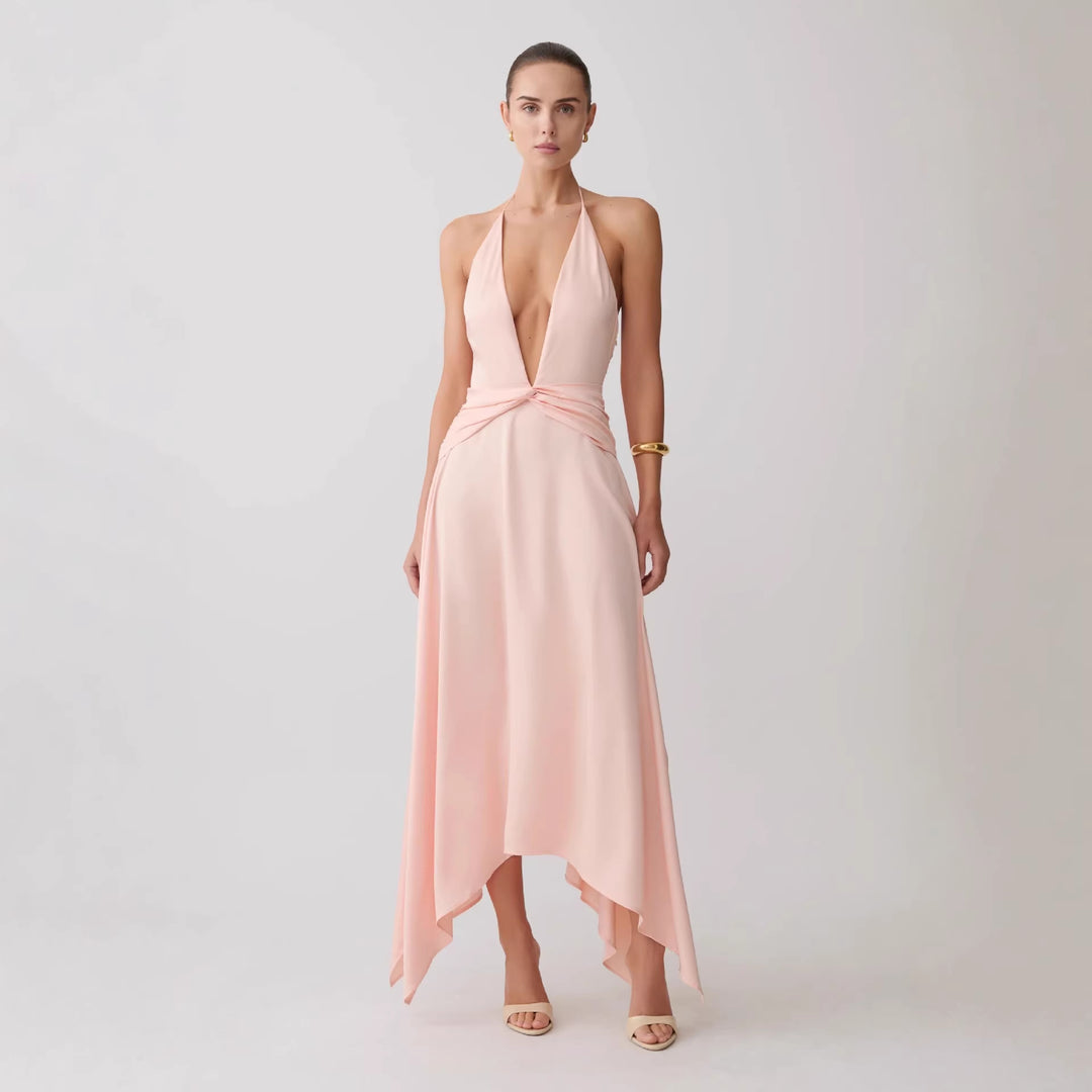 Damen Elegantes Wickelkleid mit tiefem V-Ausschnitt und asymmetrischem Saum Drune