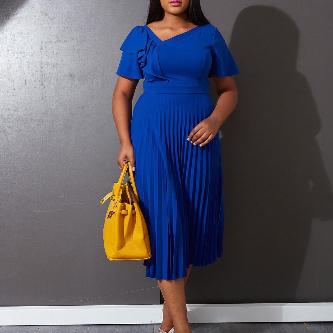 Damen Plisseekleid mit elegantem Rüschendesign und V-Ausschnitt Drune