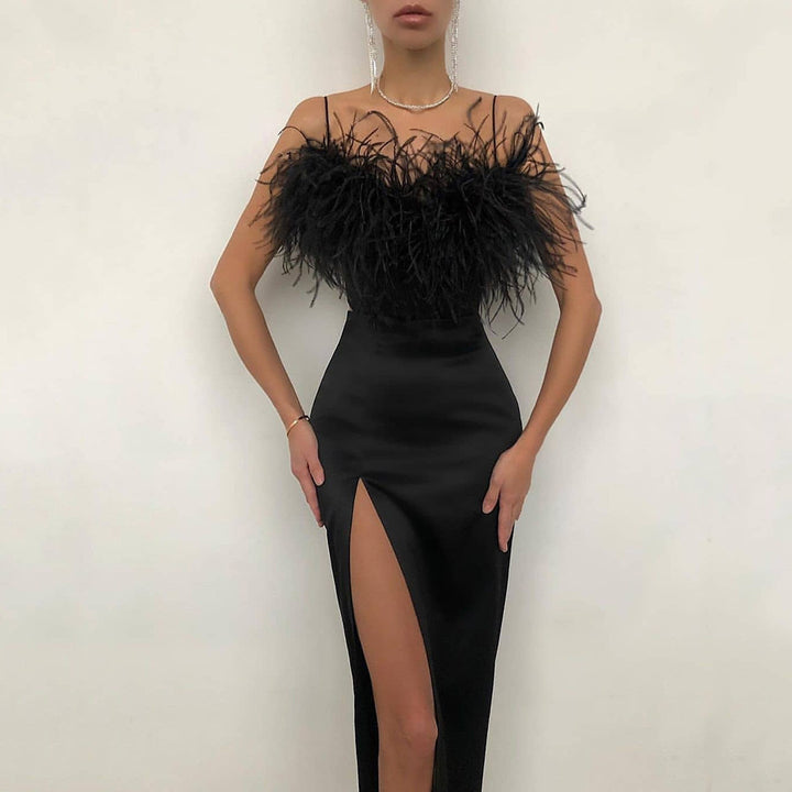 Damen Abendkleid mit feiner Federapplikation Drune