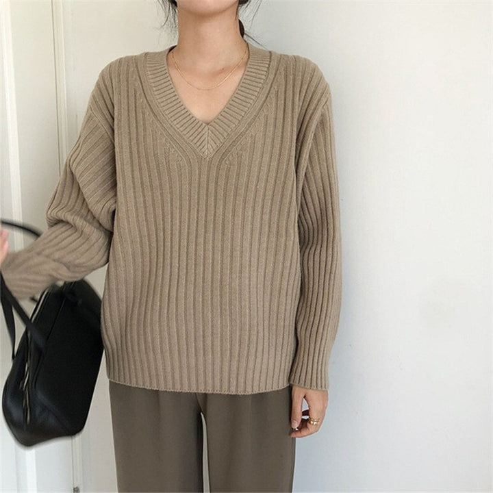 Damen V-Ausschnitt Pullover mit Rippstruktur Drune