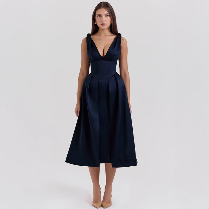 Damen Elegantes Midikleid mit traumhaftem V-Ausschnitt und eleganten Falten Drune