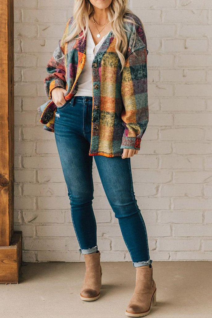 Drune | Mehrfarbige Karierte Kragenlose Jacke