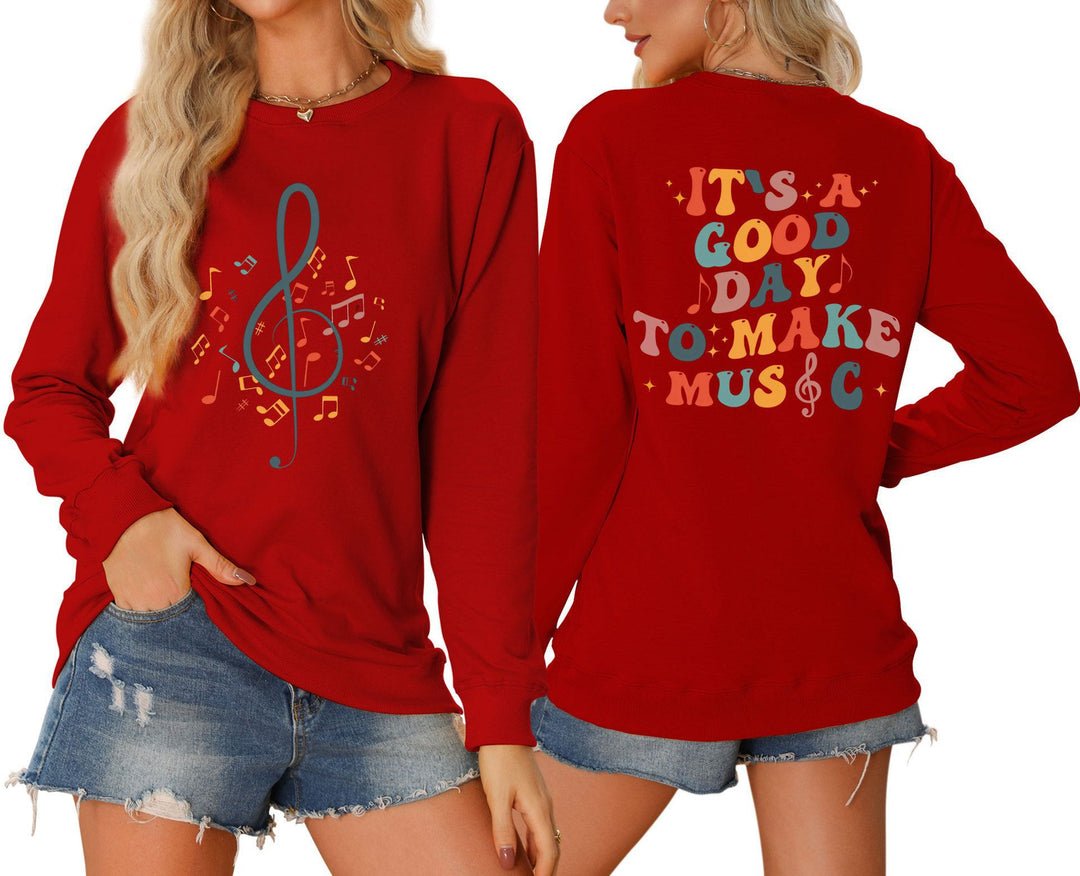 Damen Sweatshirt mit musikalischem Motiv und kreativem Schriftzug Drune