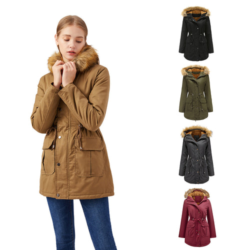 Damen warme Outdoor-Parka mit abnehmbarer Kapuze und luxuriösem Kunstfell Drune