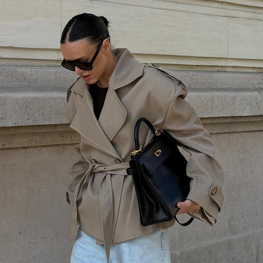 Damen Trenchcoat mit breitem Kragen und Gürtel Drune