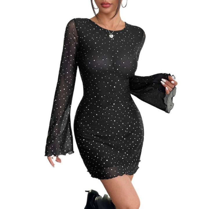 Damen schulterfreies Minikleid mit langärmligen Volantärmeln und tiefem Rückenausschnitt Drune