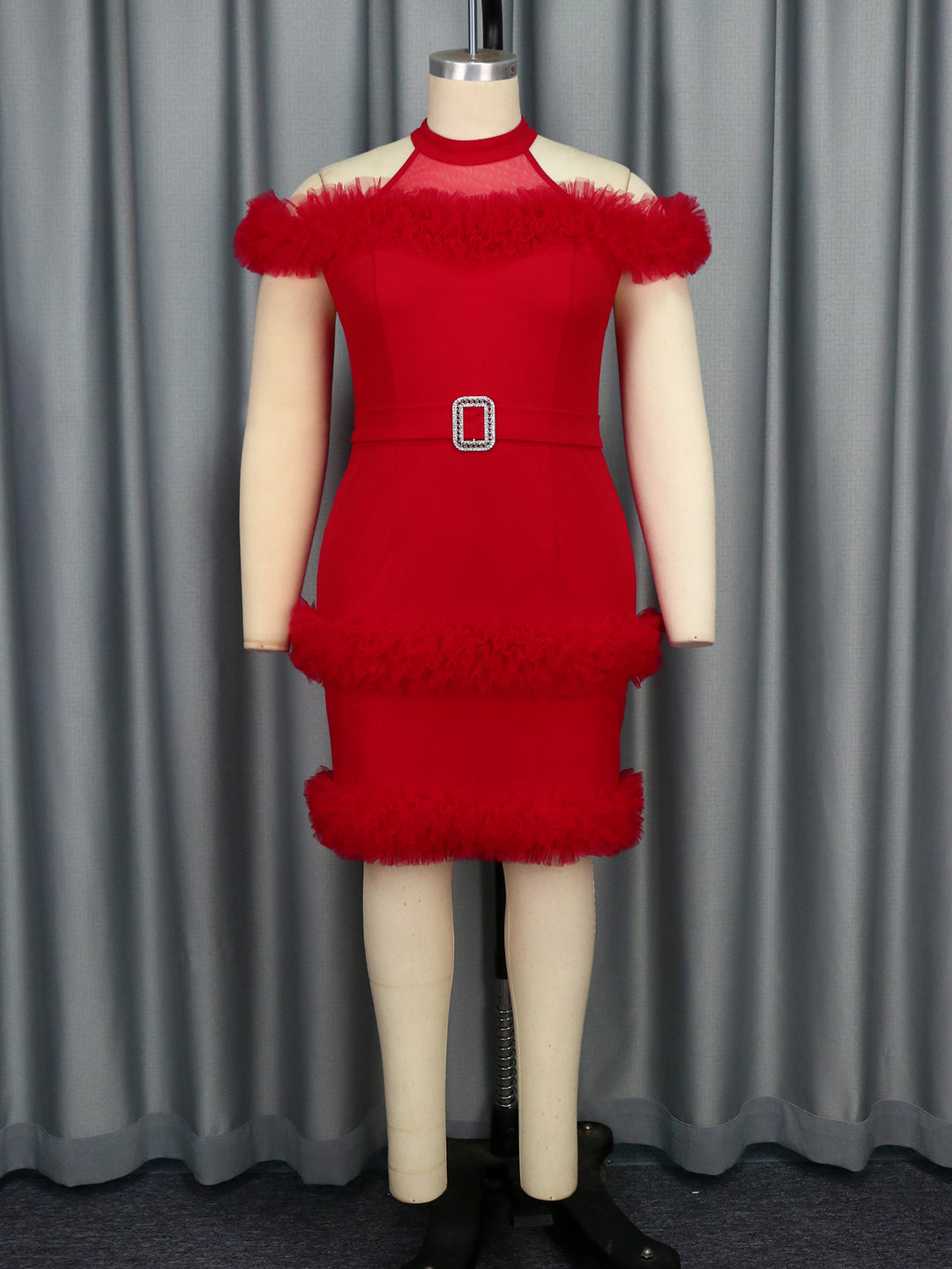 Damen glamouröses Abendkleid mit Rüschenrand und Glitzer-Gürtel Drune