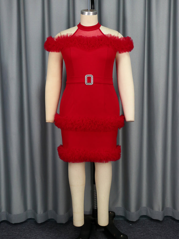 Damen glamouröses Abendkleid mit Rüschenrand und Glitzer-Gürtel Drune