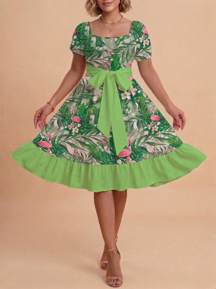 Damen A-Linien-Kleid mit floralen Motiven und taillierbarem Gürtel Drune