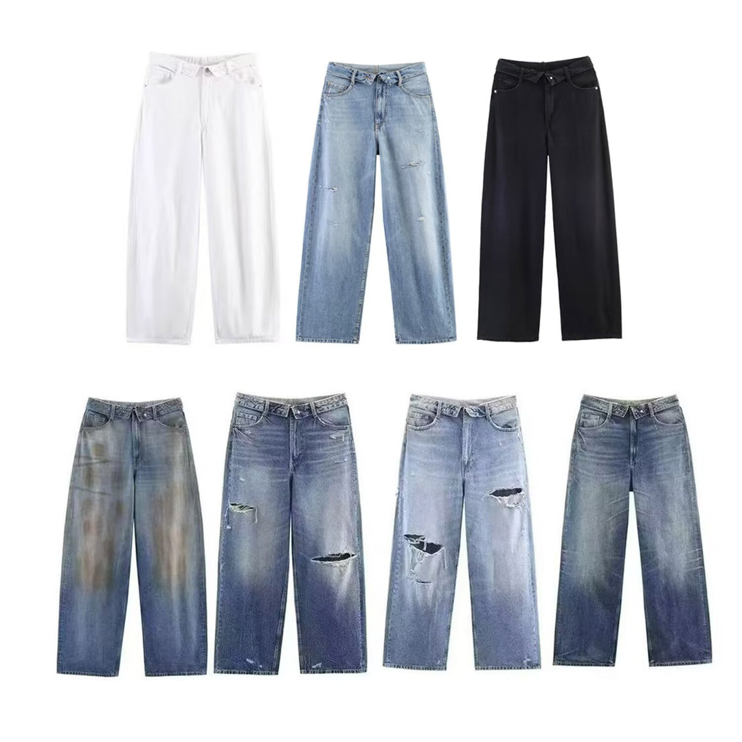 Damen nan weite hochgeschnittene Vintage-Jeans mit Destroyed-Effekten Drune